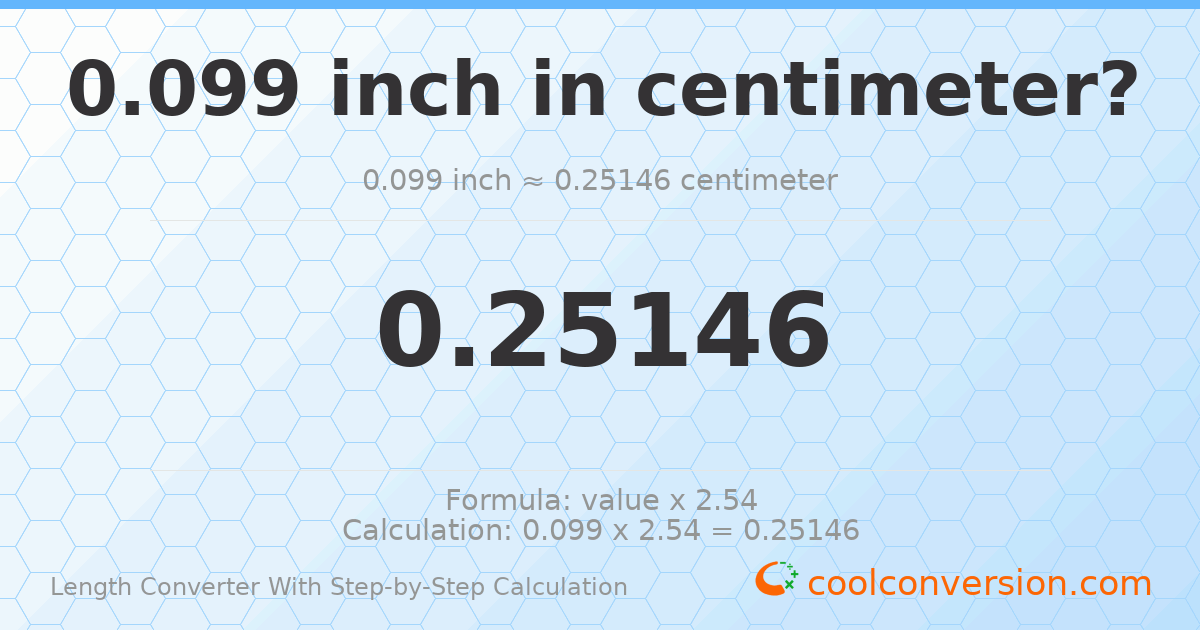 0.099 inches = 0.25146 centimeters