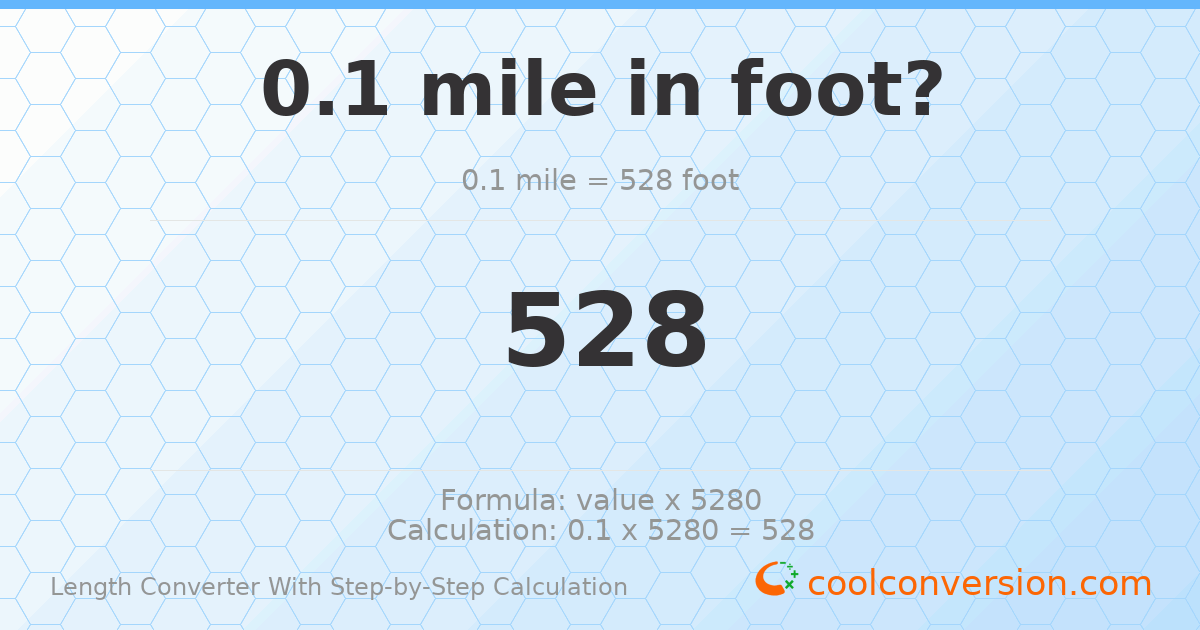 0.1 Miles to Feet | 0.1 mi = 528 ft