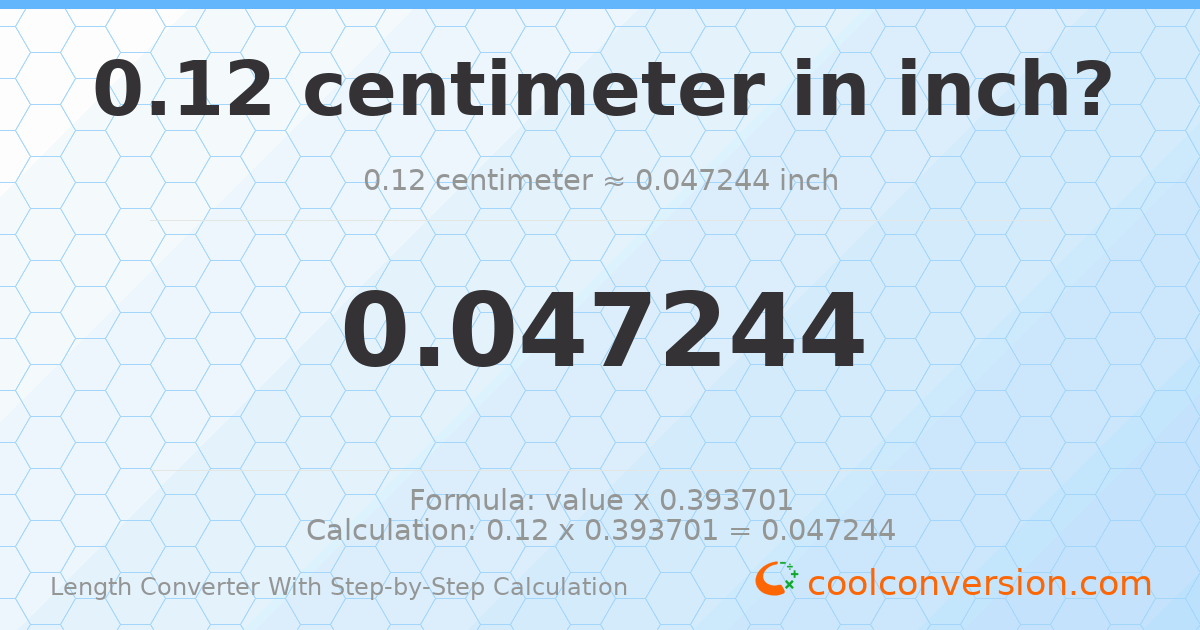 0.12 centimeters = 0.0472441 inches