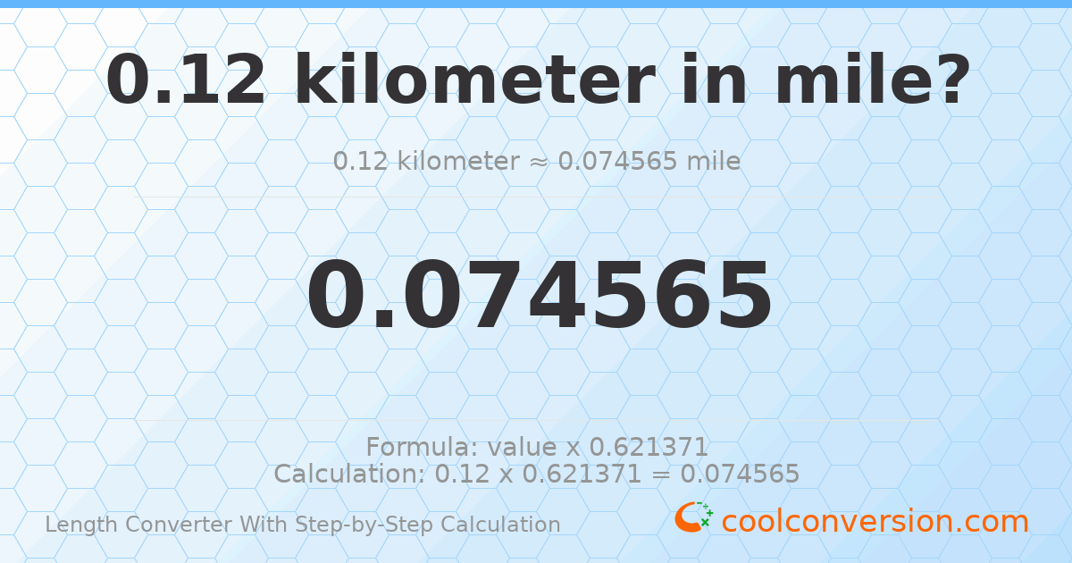 0.12 kilometers = 0.0745645 miles