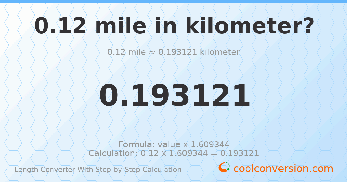0.12 miles = 0.193121 kilometers