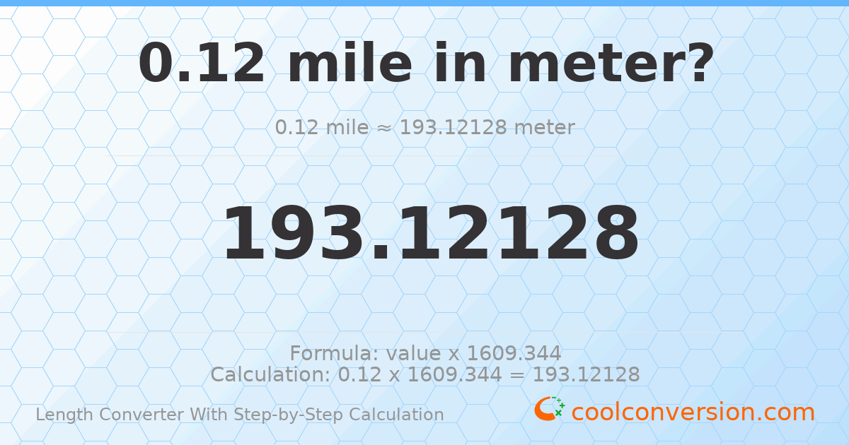 0.12 miles = 193.121 meters