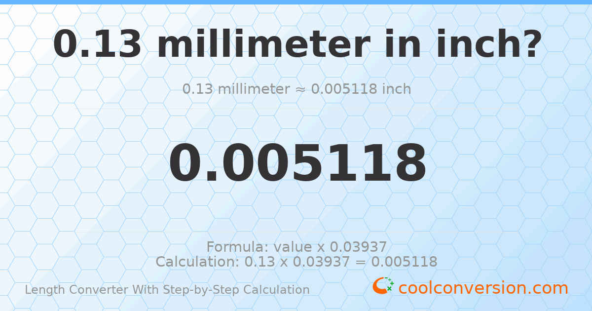 0.13 millimeters = 0.00511811 inches