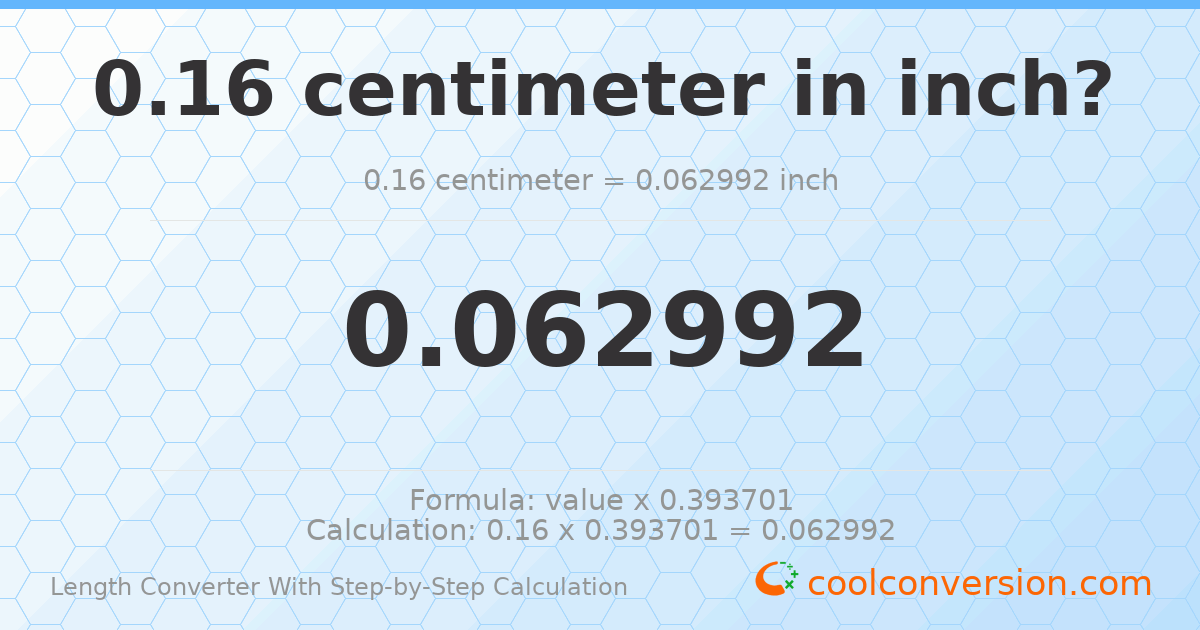 0.16 centimeters = 0.0629921 inches