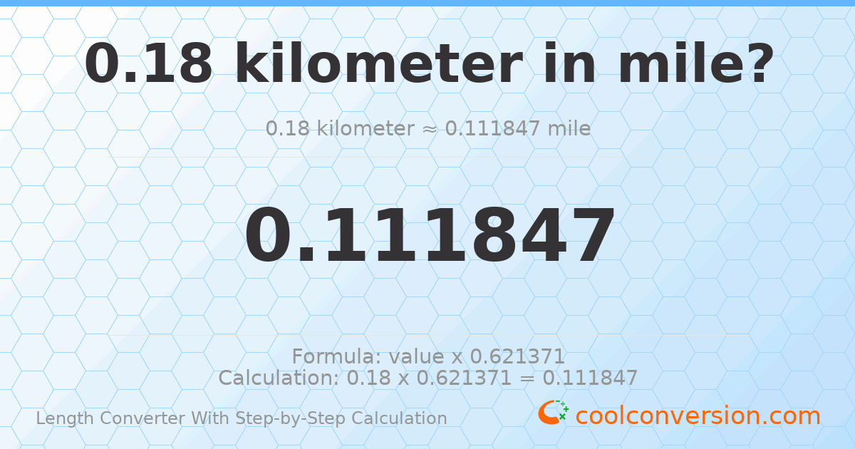 0.18 kilometers = 0.111847 miles
