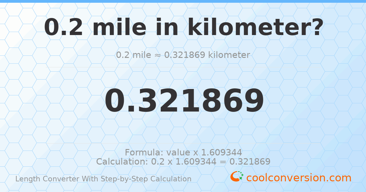 0.2 miles = 0.321869 kilometers