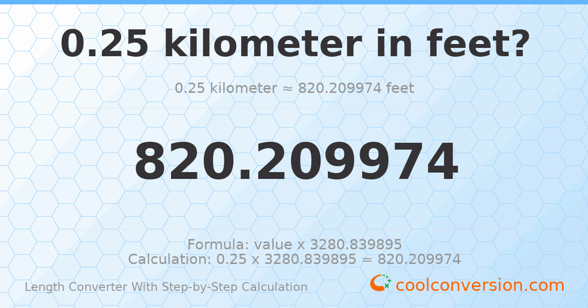0.25 kilometers = 820.21 feet