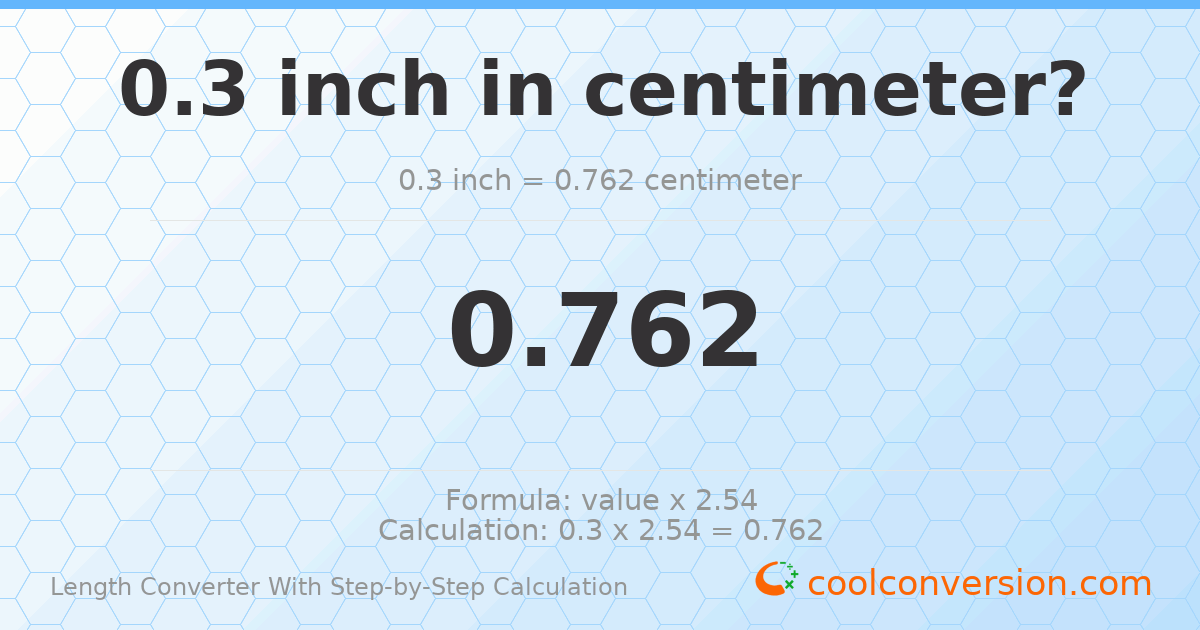 0.3 inches = 0.762 centimeters