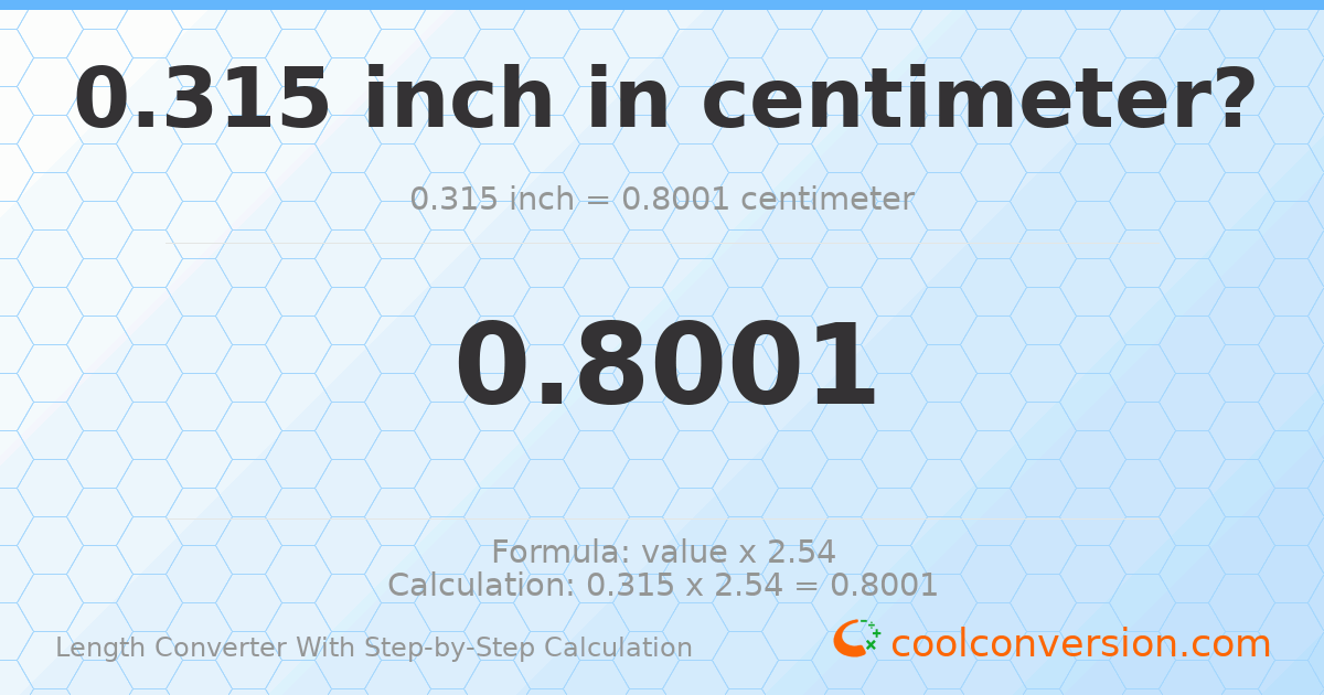 0.315 inches = 0.8001 centimeters