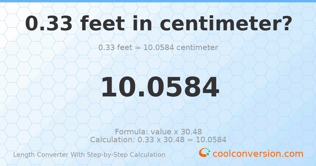 0.33 feet = 10.0584 centimeters