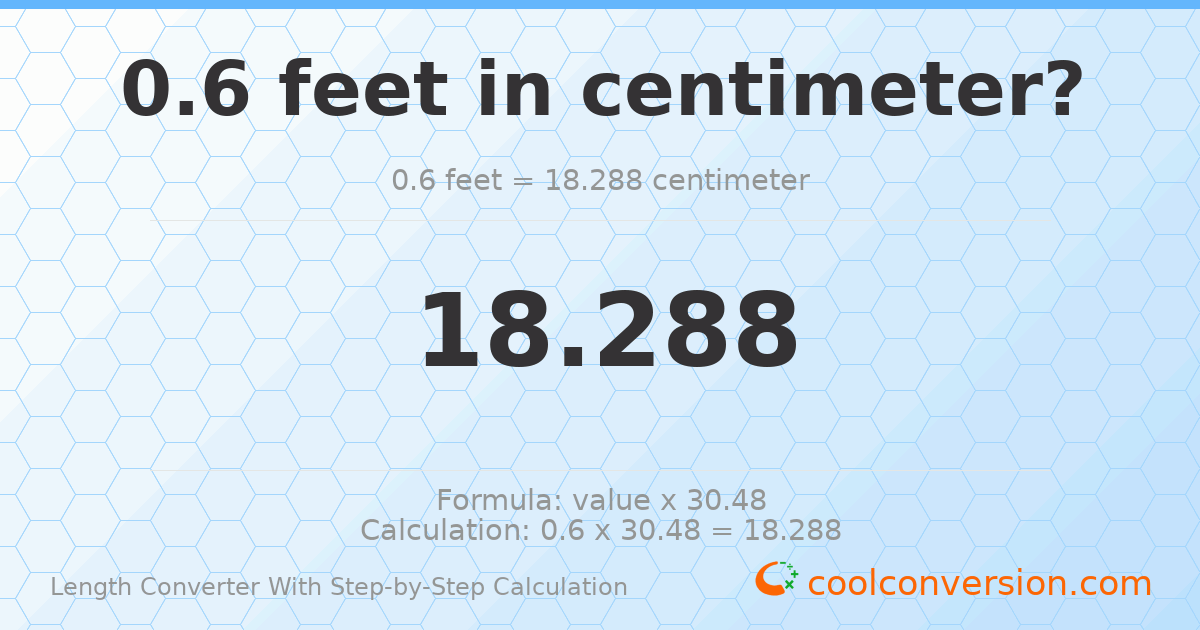0.6 feet = 18.288 centimeters