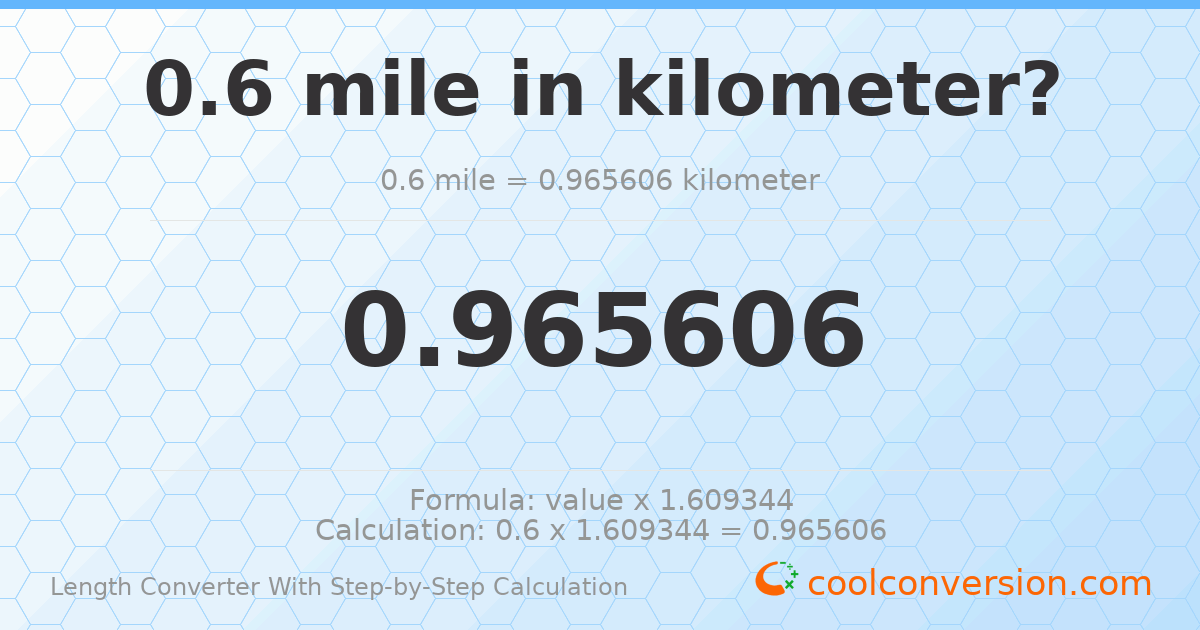 0.6 miles = 0.965606 kilometers