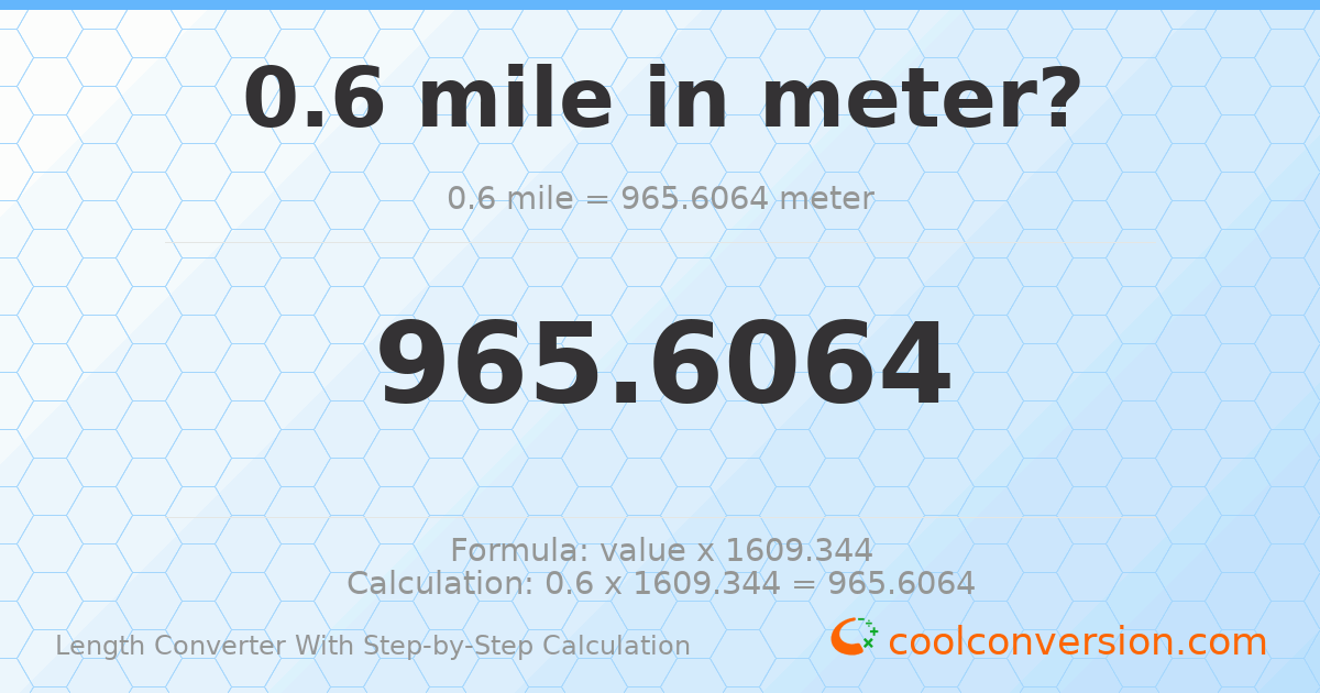 0.6 miles = 965.606 meters