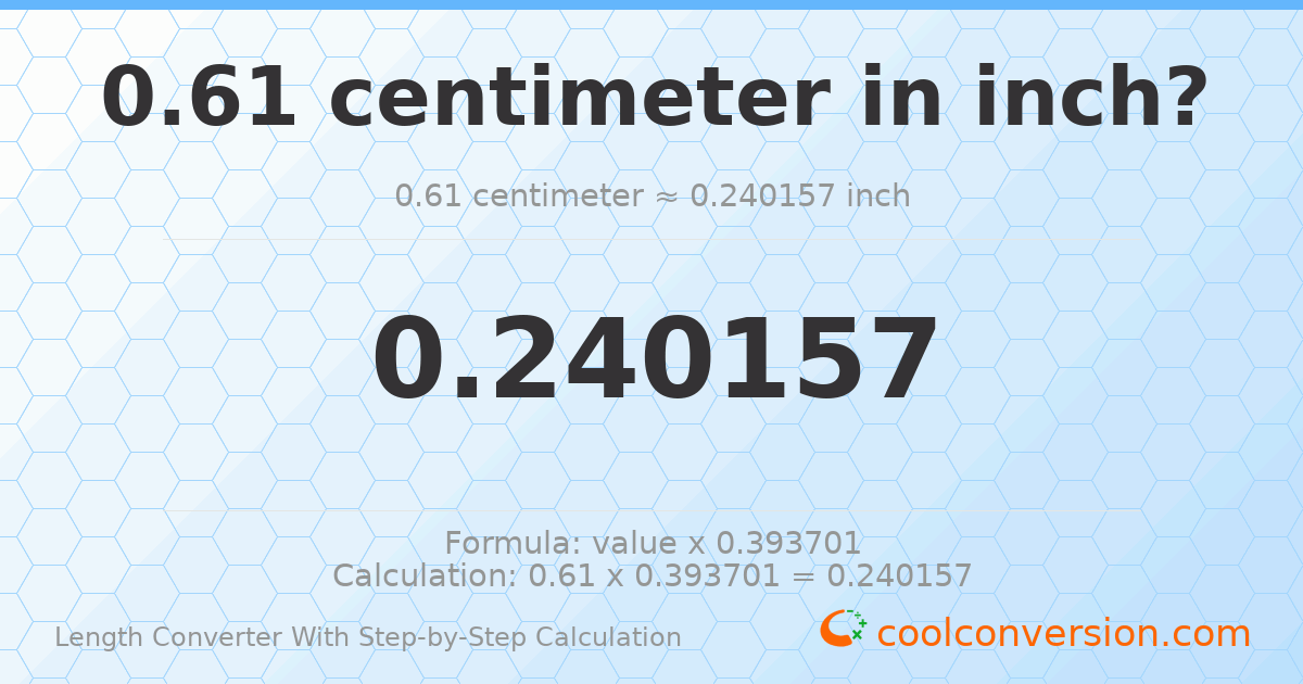 0.61 centimeters = 0.240157 inches