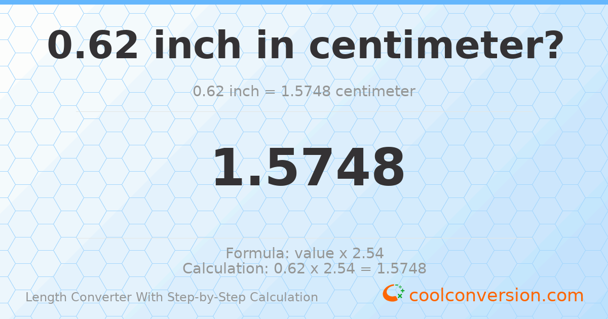 0.62 inches = 1.5748 centimeters