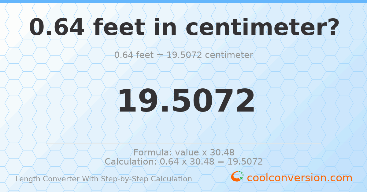 0.64 feet = 19.5072 centimeters