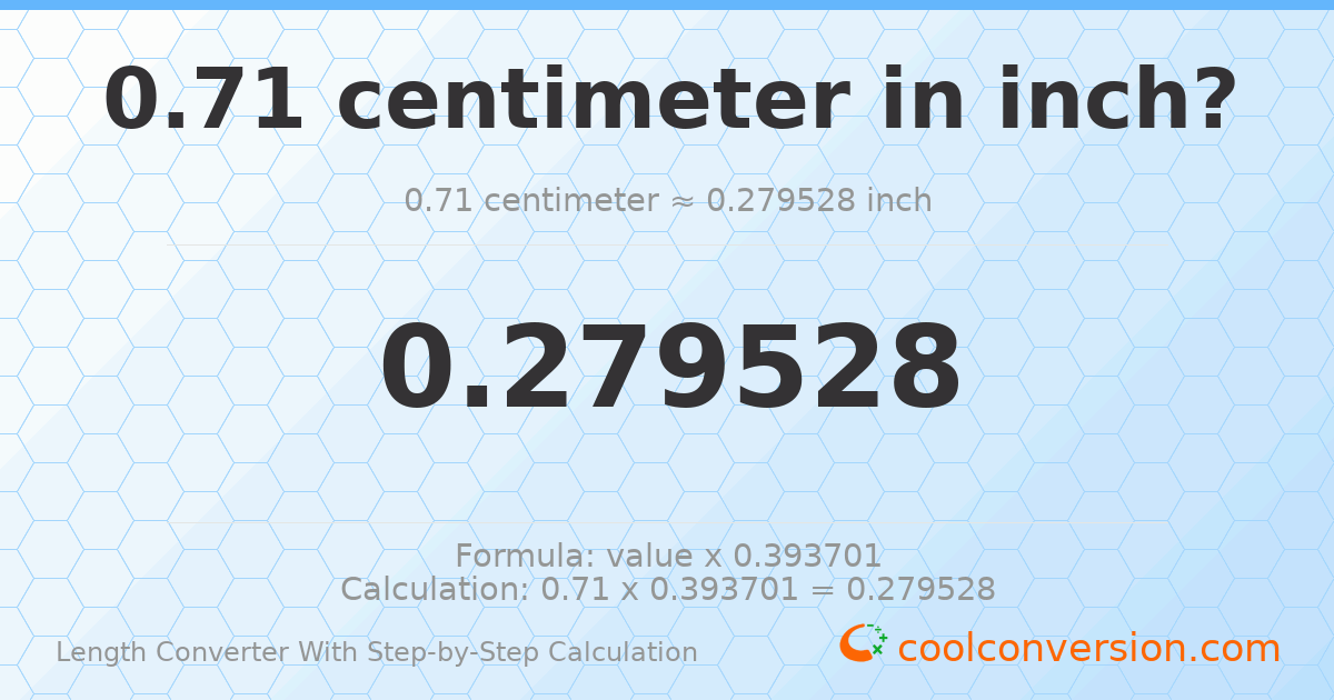 0.71 centimeters = 0.279528 inches