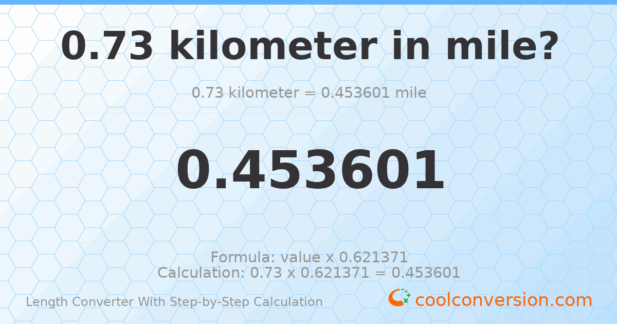 0.73 kilometers = 0.453601 miles