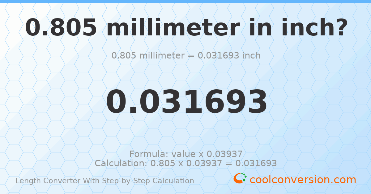 0.805 millimeters = 0.0316929 inches