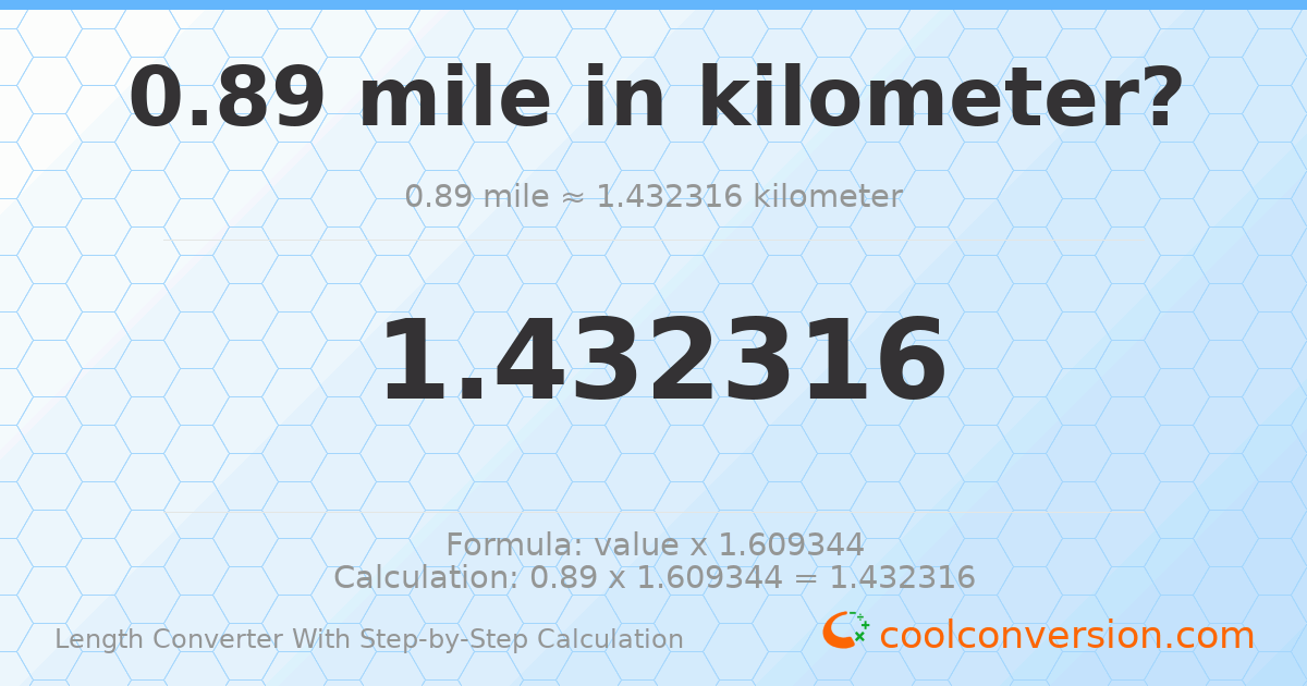 0.89 miles = 1.43232 kilometers