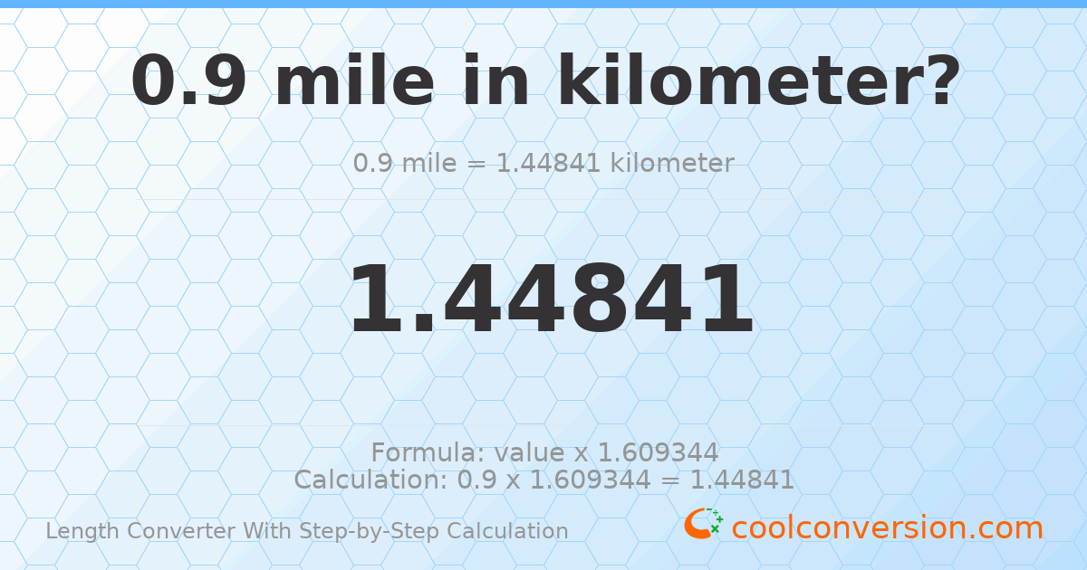 0.9 miles = 1.44841 kilometers