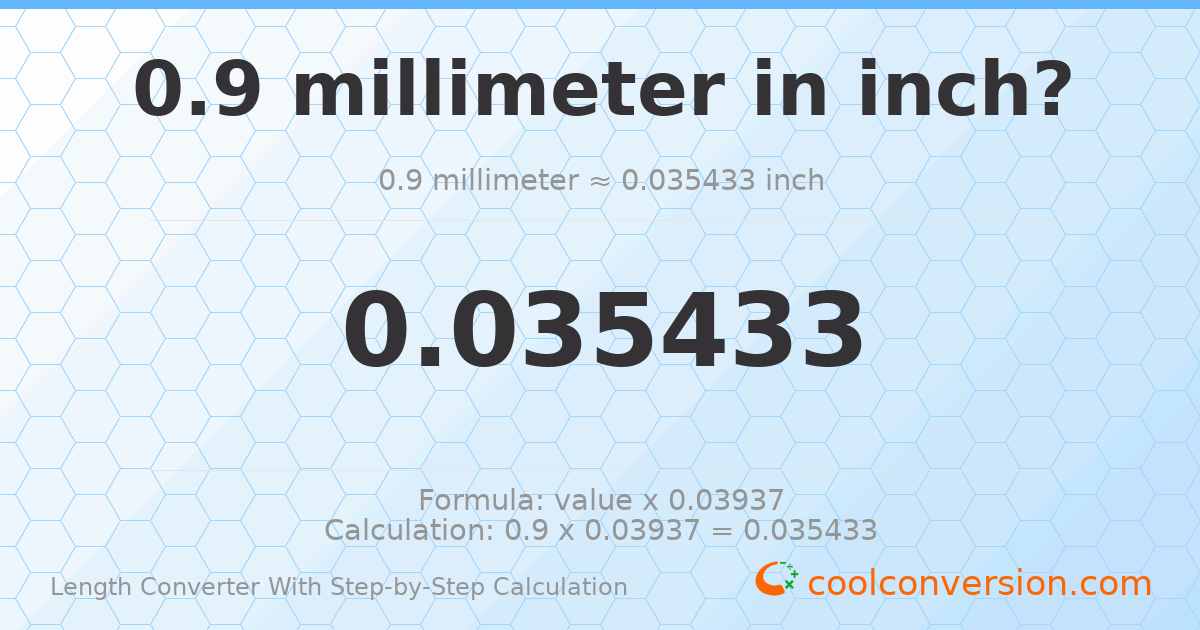 0.9 millimeters = 0.0354331 inches