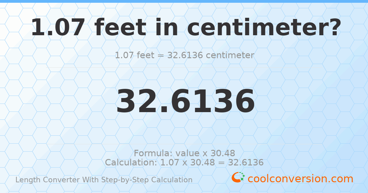 1.07 feet = 32.6136 centimeters