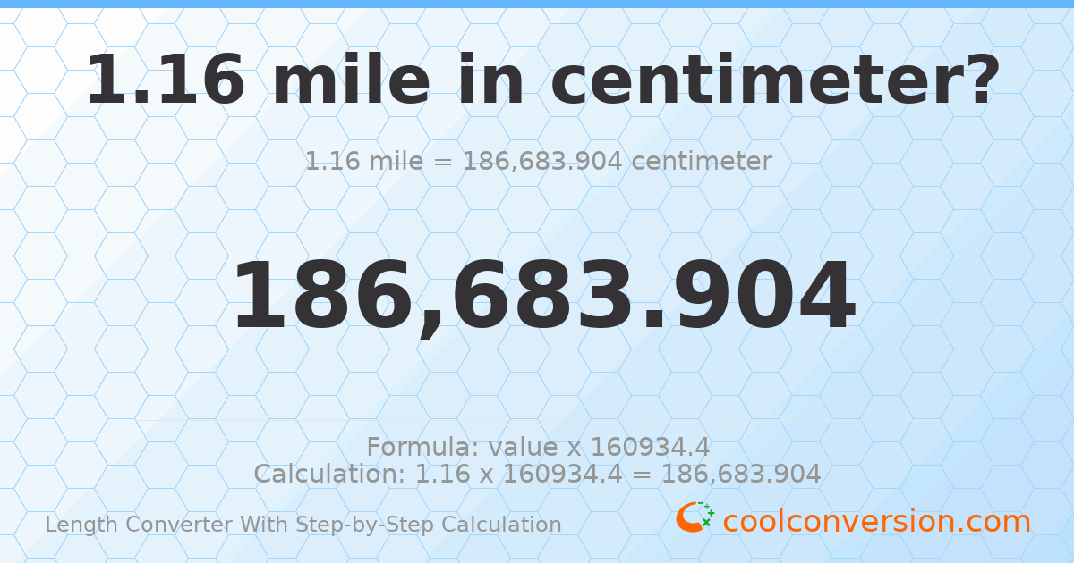 1.16 miles = 186684 centimeters