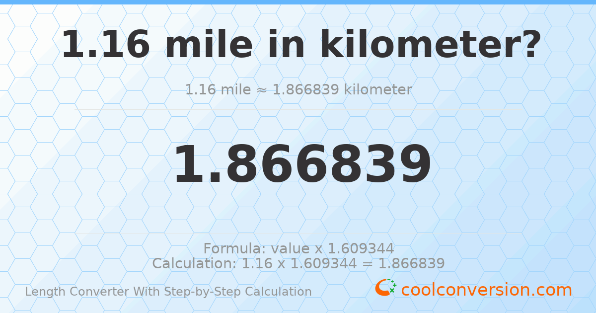 1.16 miles = 1.86684 kilometers