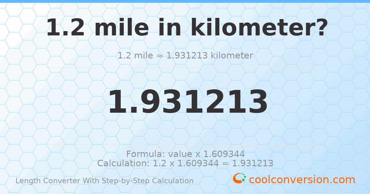 1.2 miles = 1.93121 kilometers