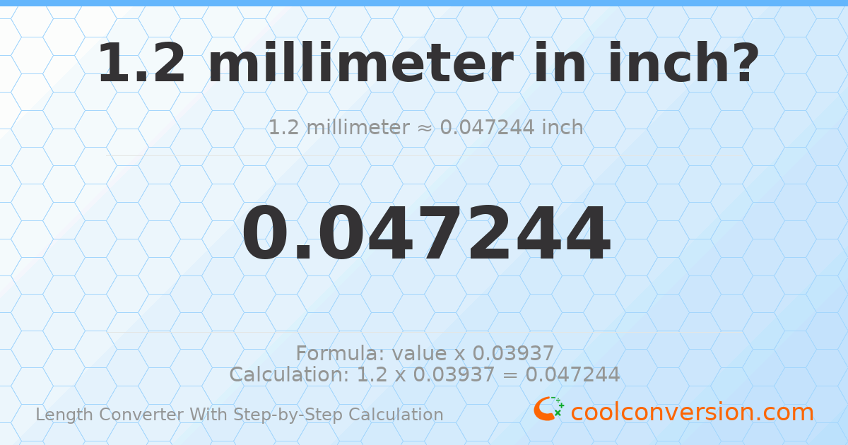 1.2 millimeters = 0.0472441 inches