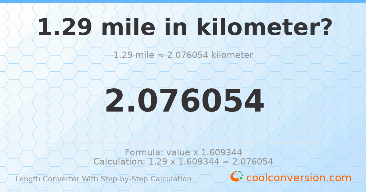 1.29 miles = 2.07605 kilometers