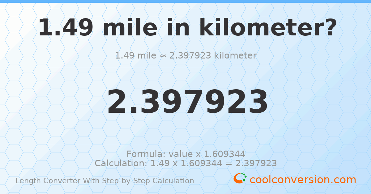 1.49 miles = 2.39792 kilometers
