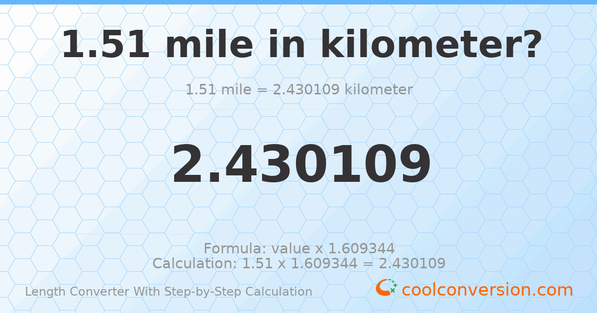 1.51 miles = 2.43011 kilometers