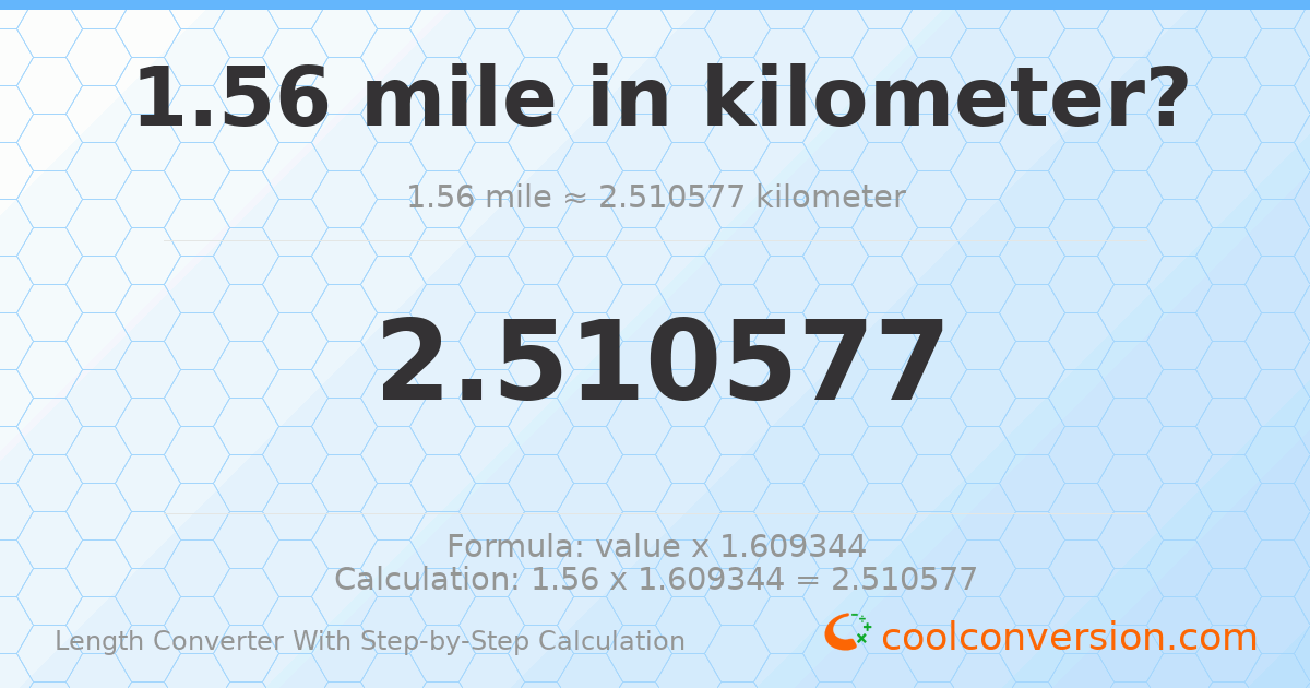 1.56 miles = 2.51058 kilometers