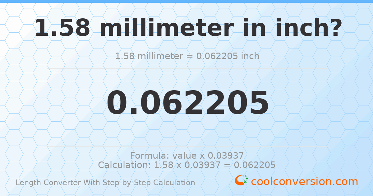 1.58 millimeters = 0.0622047 inches