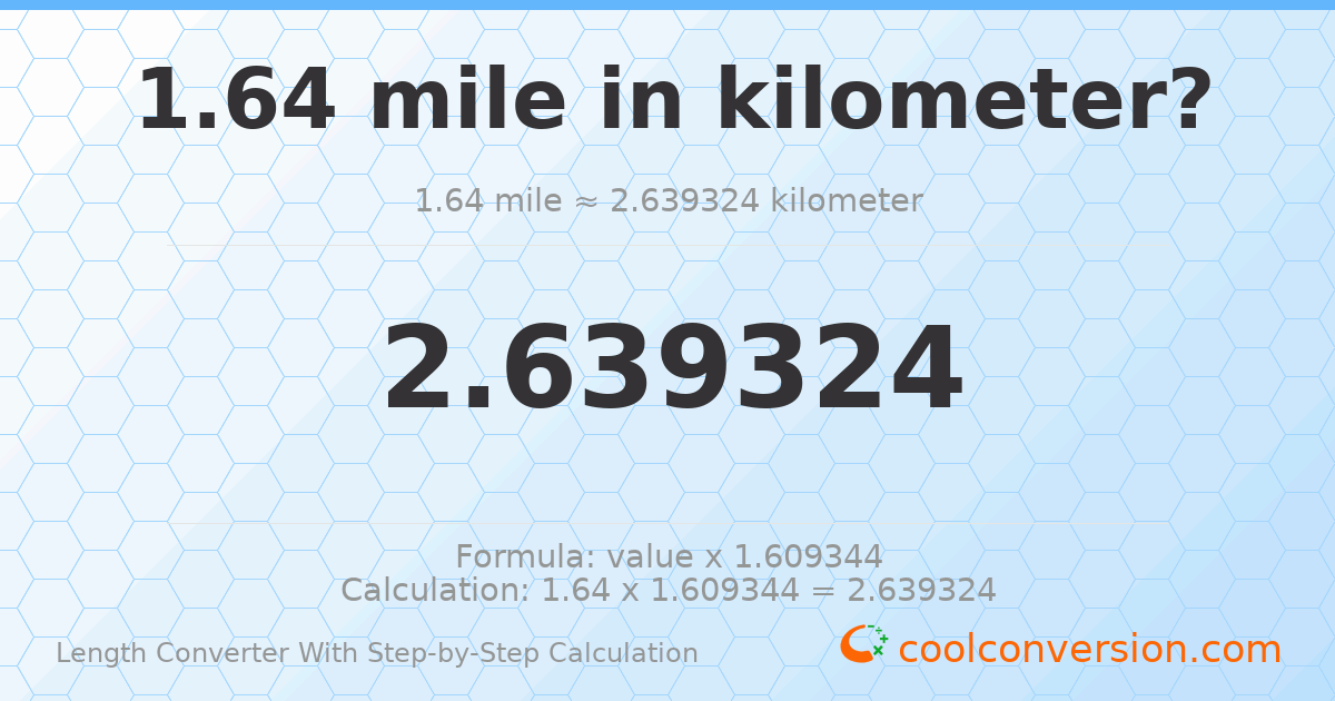 1.64 miles = 2.63932 kilometers
