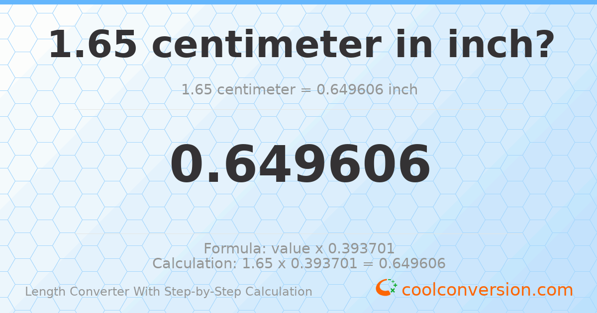1.65 centimeters = 0.649606 inches