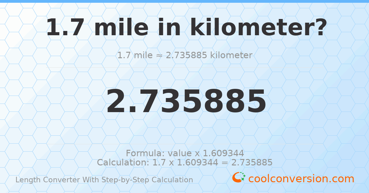 1.7 miles = 2.73588 kilometers