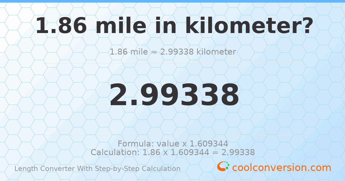 1.86 miles = 2.99338 kilometers