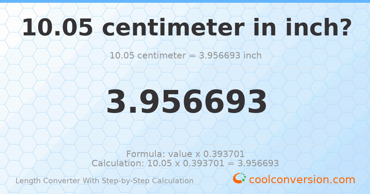 10.05 centimeters = 3.95669 inches