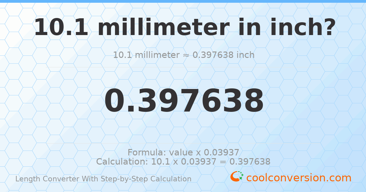 10.1 millimeters = 0.397638 inches