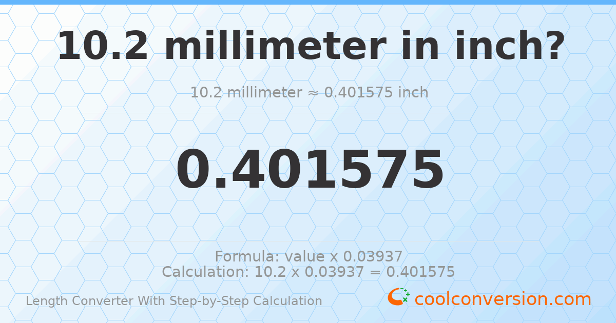 10.2 millimeters = 0.401575 inches