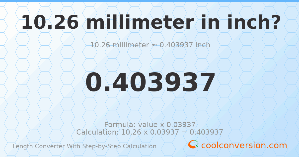 10.26 millimeters = 0.403937 inches