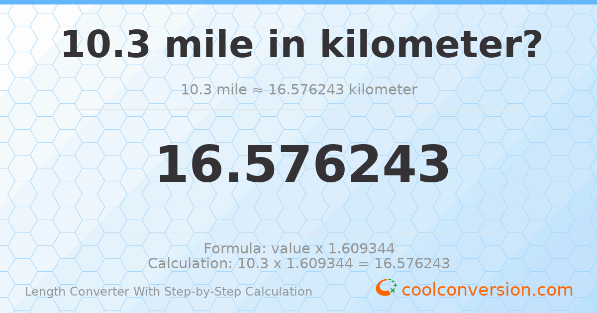 10.3 miles = 16.5762 kilometers