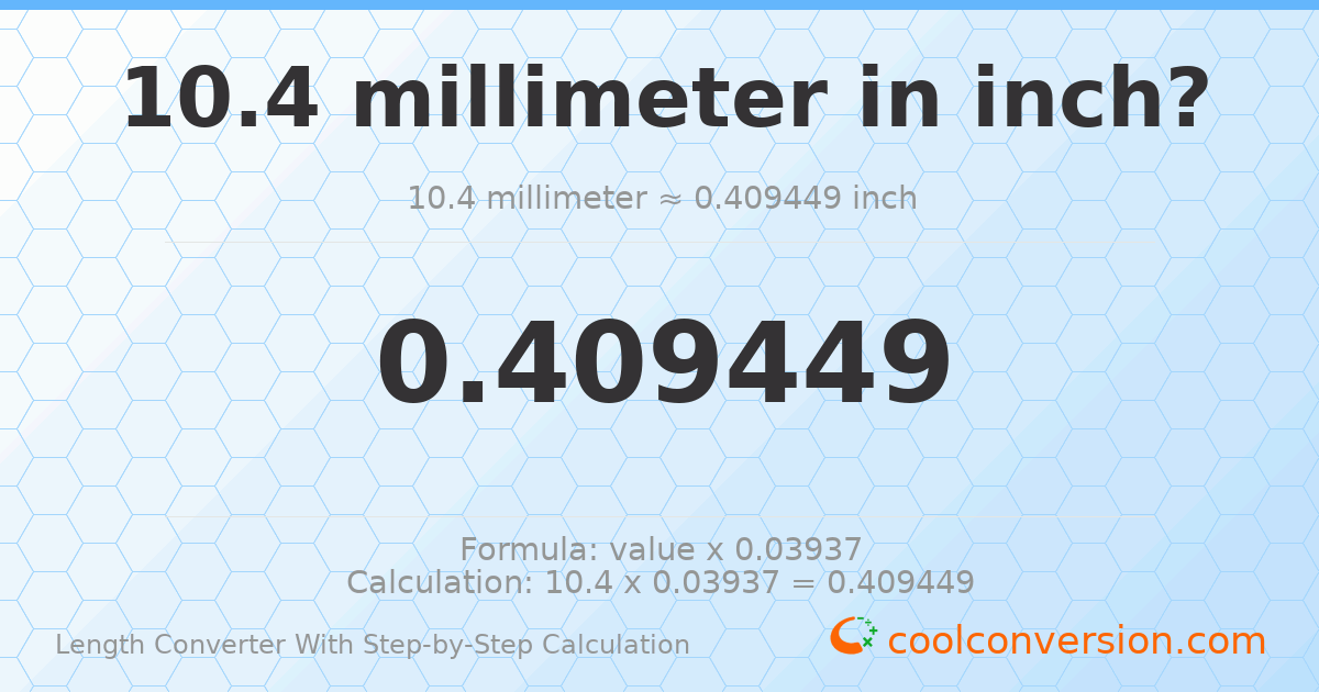 10.4 millimeters = 0.409449 inches
