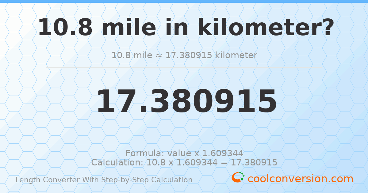 10.8 miles = 17.3809 kilometers