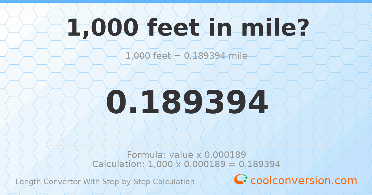 1000 feet = 0.189394 miles