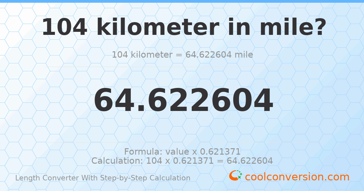 104 kilometers = 64.6226 miles