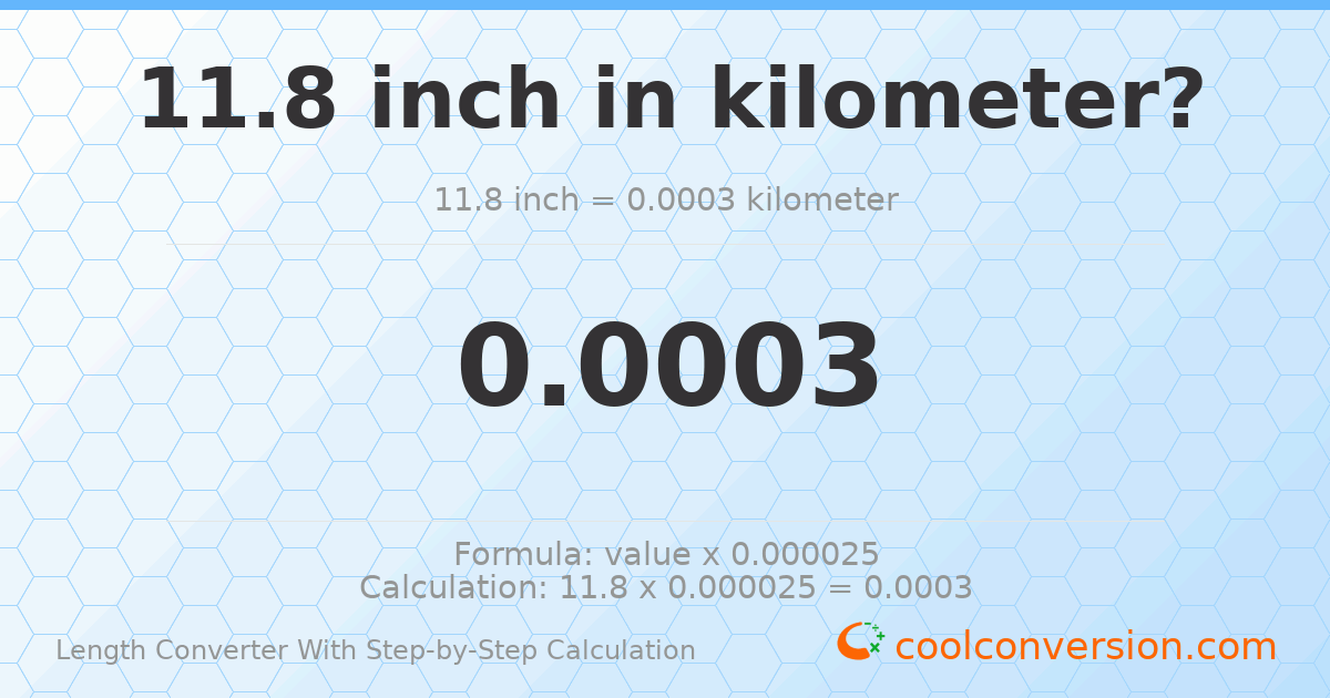 11.8 inches = 0.00029972 kilometers